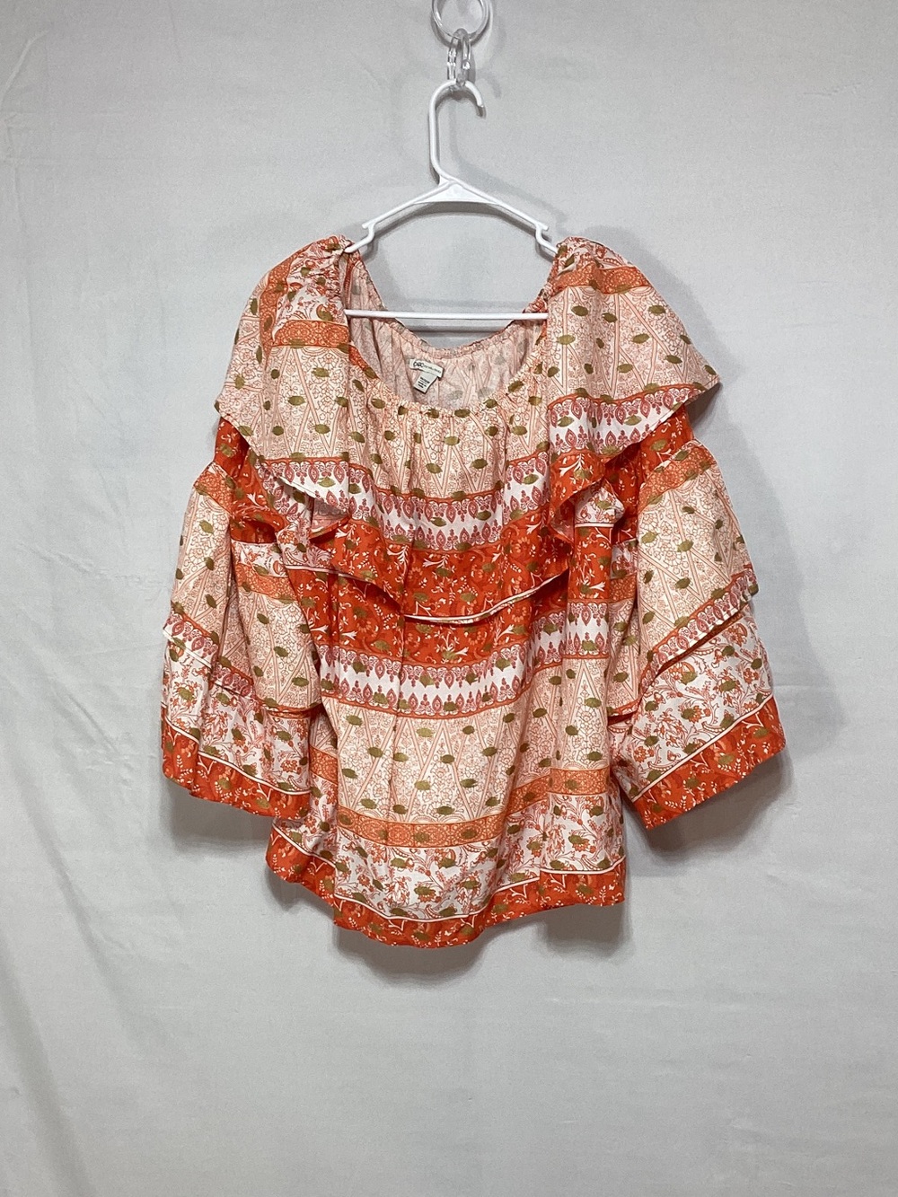 NWT Cato Orange & Cream Ruffle Peasant Blouse Size 14/16W